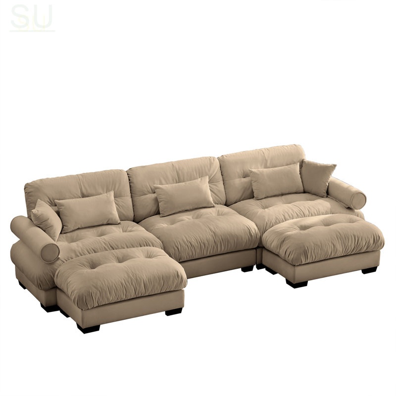 U Shape Modular Sectional Sofa Couch With Two Movable Ottomans, Modern 3 Seat Corner Sofa With Waist Pillows And Bolstered Armrests, Convertible L Shaped Couch For Living Room