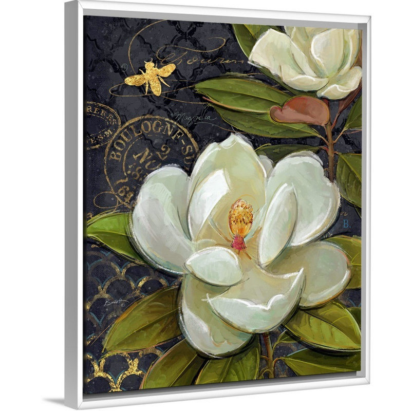 «Heirloom Magnolia» sur toile noire, H 16 po x l 20 po x P 1,75 po, Cadre blanc