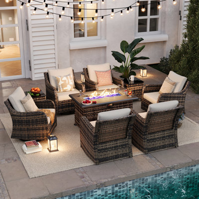 Ensemble de mobilier de patio 9 pièces avec table de foyer d'extérieur de 43 po, ensemble de conversation de patio en osier avec chaises berçantes pivotantes, ensemble de patio extérieur pour porche de jardin (brun)
