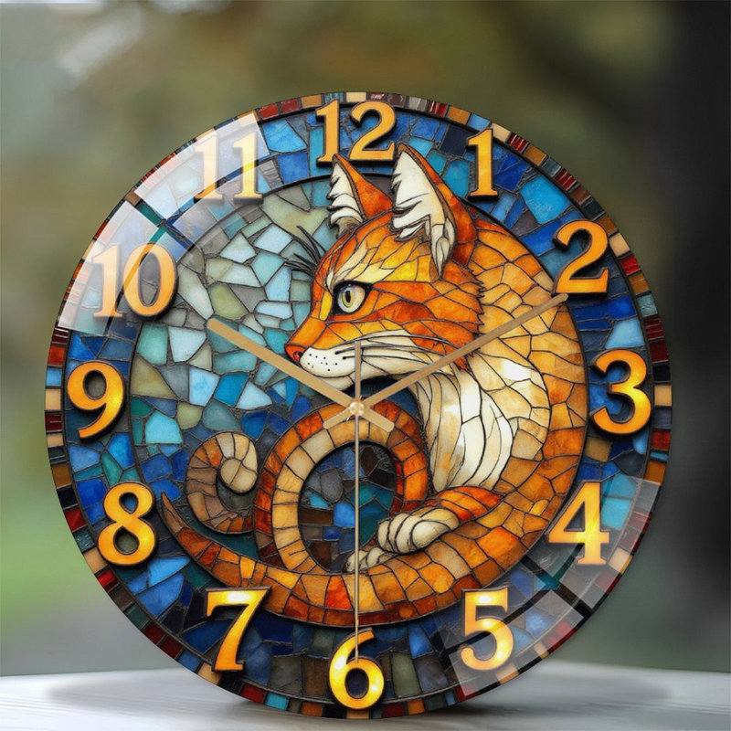 Horloge murale chat vitrail 12 po