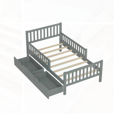 Lit plateforme simple en bois avec garde-corps et deux tiroirs de rangement; Ensemble de lattes, parfait pour économiser de l'espace et la sécurité dans les chambres modernes.