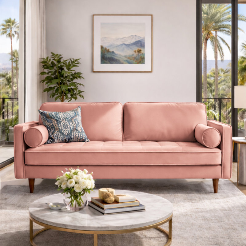Alden 70" Square Arm Velvet Sofa, Pink