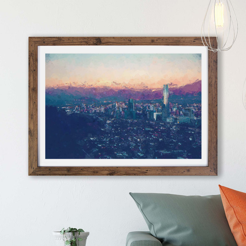Santiago Skyline in Chile - Framed Print, 45cm H x 63cm W x 2cm D, Oak
