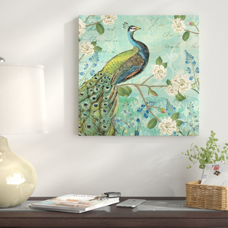 Peacock Arbor V, impression sur toile tendue, H 18 po x l 18 po x P 1,5 po, Toile encadrée noire, Pas de tapis