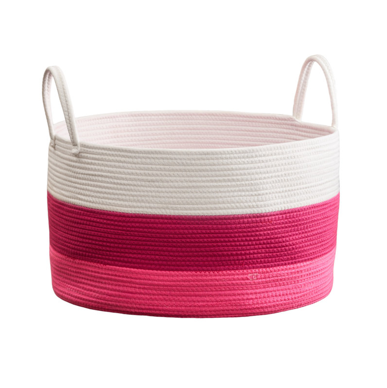 Panier à linge rond en coton blanc, Blanc / Rose