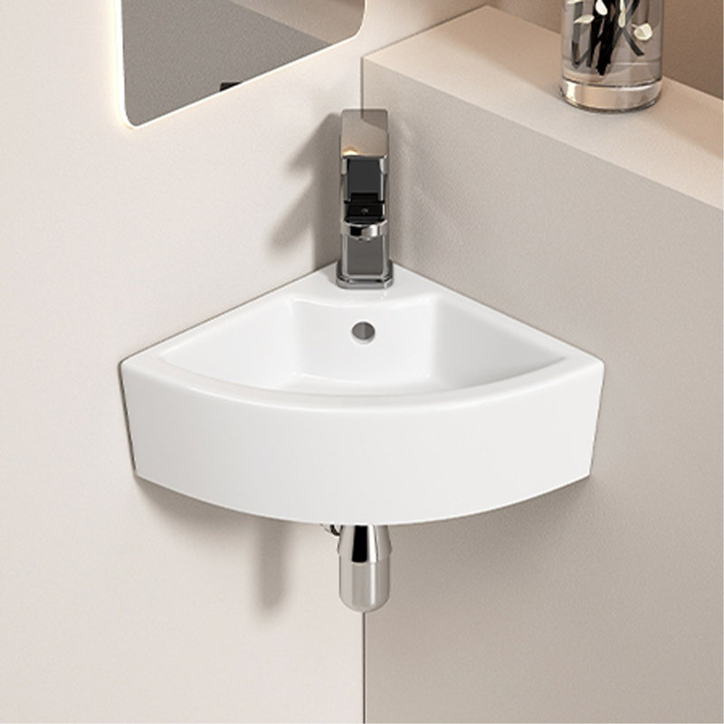 Lavabo d'angle triangulaire pour salle de bain, lavabo vasque mural en céramique, fini blanc lustré pour une petite salle de bain, salle d'eau, buanderie - 17,13 po x 12,60 po x 5,12 po (robinet non inclus)