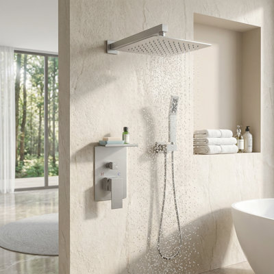 Système de douche de pluie mural 10 pouces avec pomme de douche à main et tablette de rangement