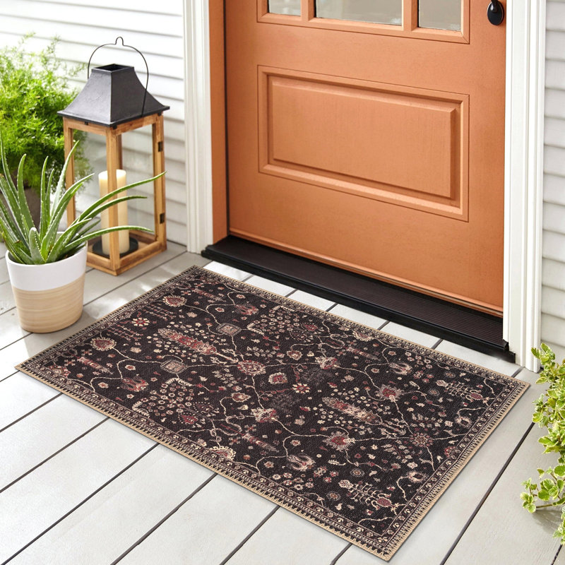 GLN Rugs Traditional Collection - Machine Washable Area Rug, Bohemian Vintage Washable Rug, Non Slip Area Rug, Low Pile Chenille Living Room Rug, Bedroom Rug, Bathroom Rug (Black Rug)