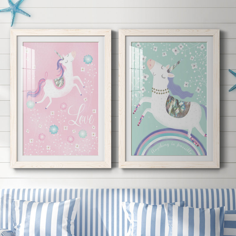 «Love Unicorn», ensemble de 2 impressions, H 31,5 po x l 47 po x P 1,5 po, Papier encadré blanc, Blanc