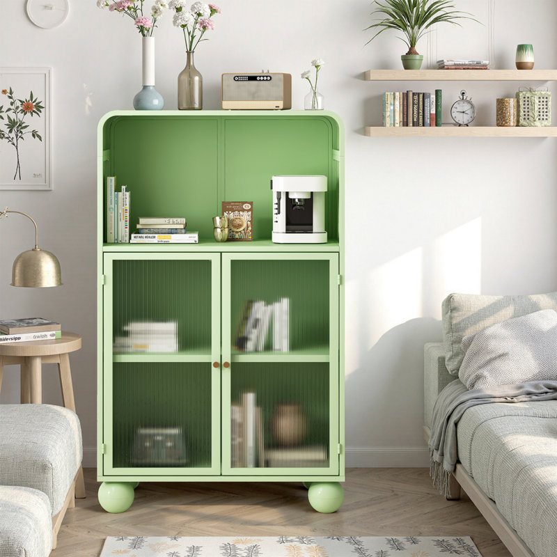 Armoire de rangement en bois avec porte en verre et tablettes, Vert