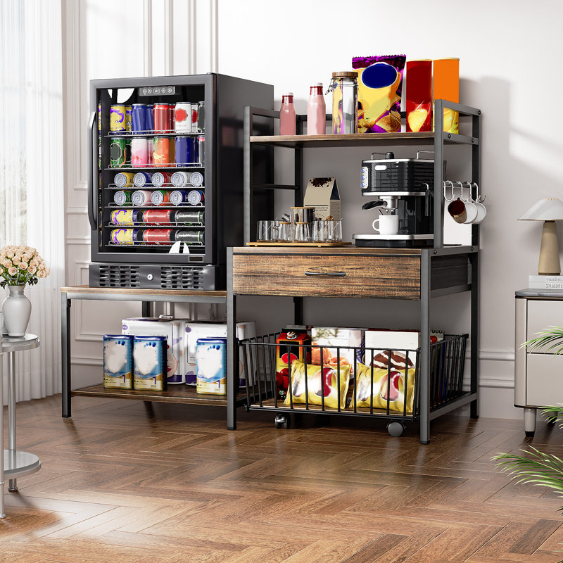 Mini Fridge Stand With Storage, Mini Refrigerator Stand With Power Outlet, Wine Fridge Table With Movable Storage Basket, Heavy Duty Beverage Refrigerator Table For Dorm Home Use (black)