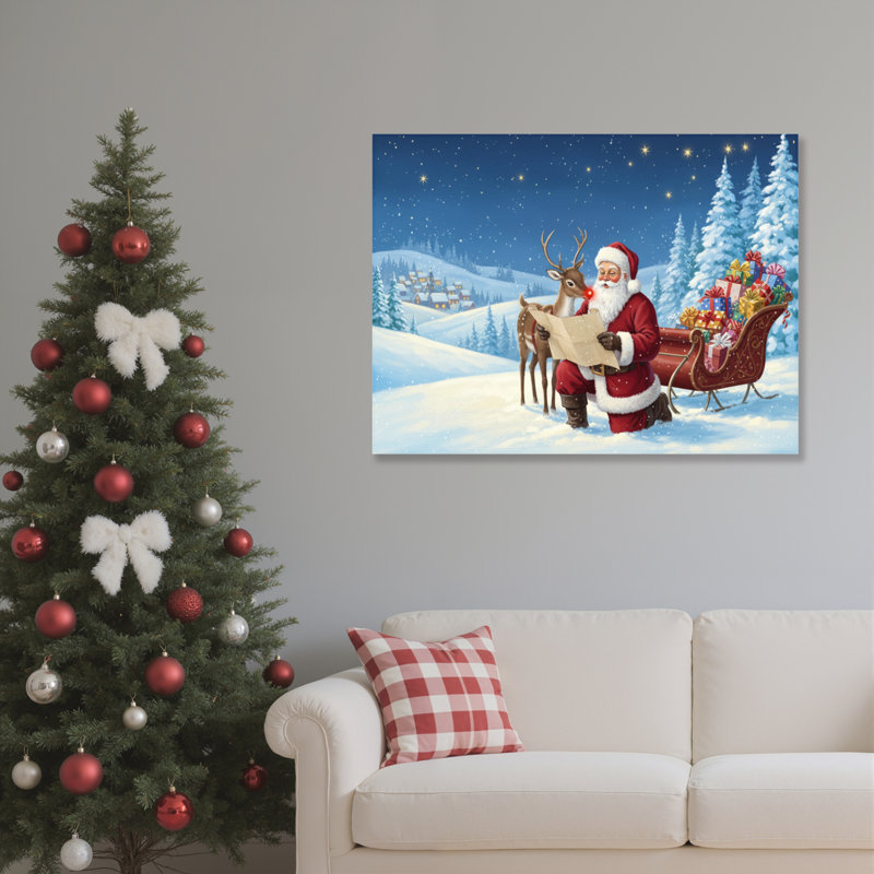 «Santa Reindeer Snowscape», art mural sur toile, H 16 po x l 24 po