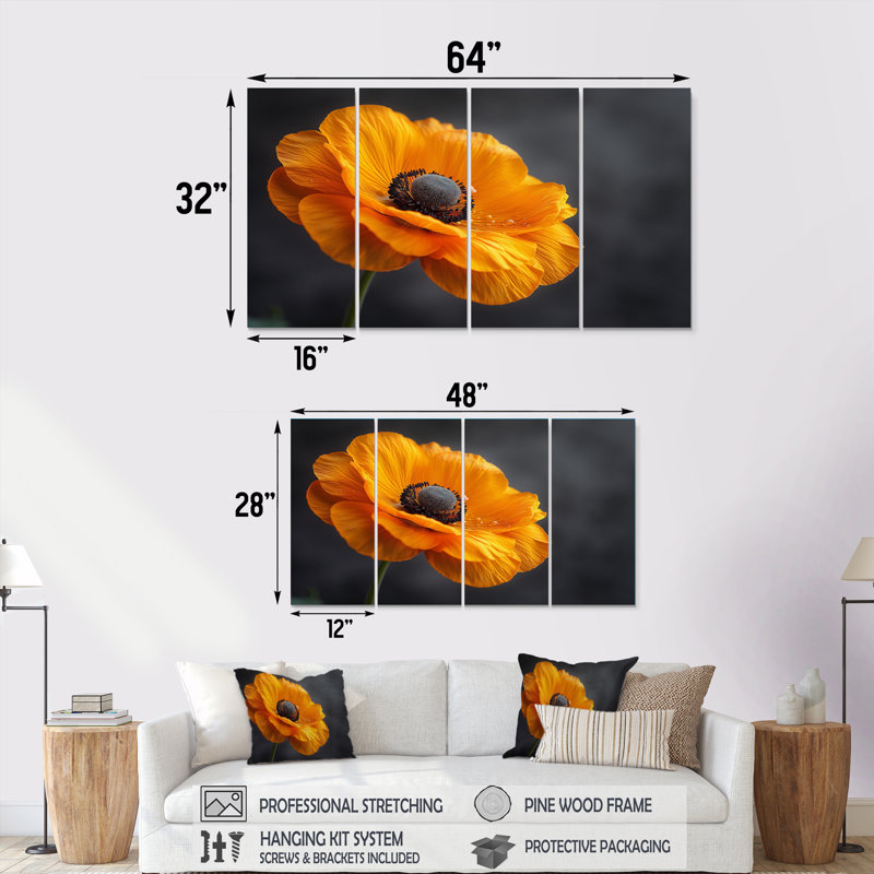 Ensemble d'impressions murales monochromes jaunes et noirs Elegance I - Buttercups, H 28 po x l 48 po