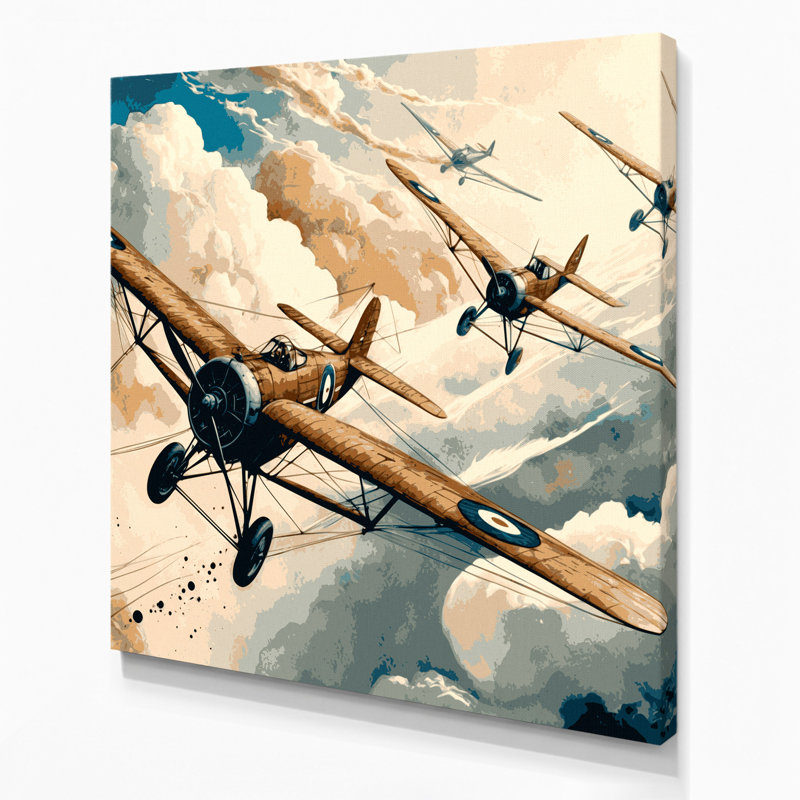 "Transport Biplane", art mural sur toile beige, H 32 po x l 32 po