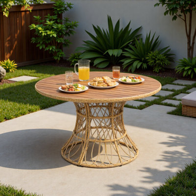 Table de salle à manger d'extérieur durable - plateau rond en bois d'acacia et base en osier, table de patio brun pour 4 à 6