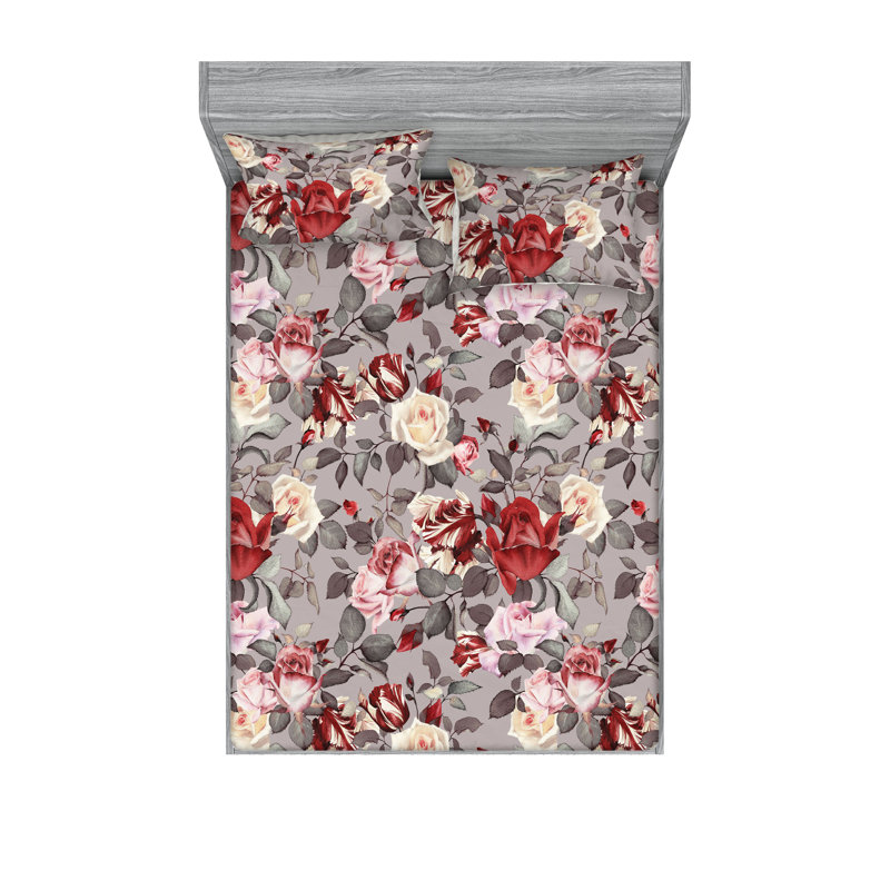 Drap-housse et taies décoratives 3 pièces Ambesonne, Mauve pâle, rose foncé / floral