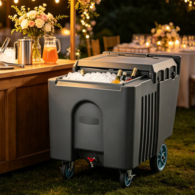 125 Lbs Commercial Insulated Ice Cart, Portable Ice Bin with Flip Lid, Drain Tap & 4 Wheels, Large Capacity Ice Cooler for Catering, Kitchen, Restaurant, Bar & Food Service, Gray