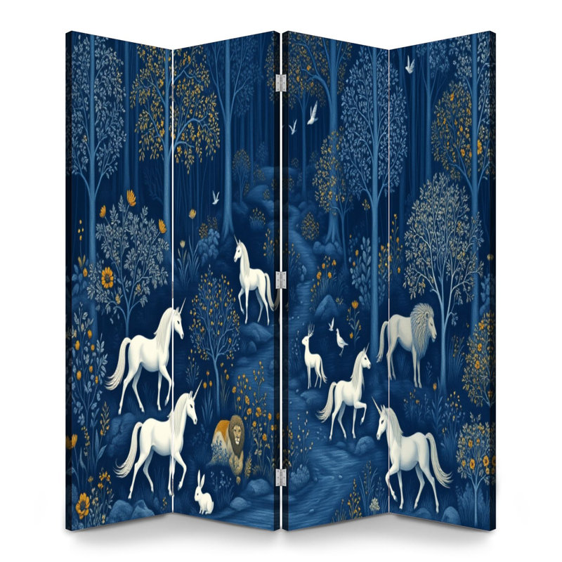 Cloison pliante 4 panneaux paravent Royal Whimsical Blue Forest