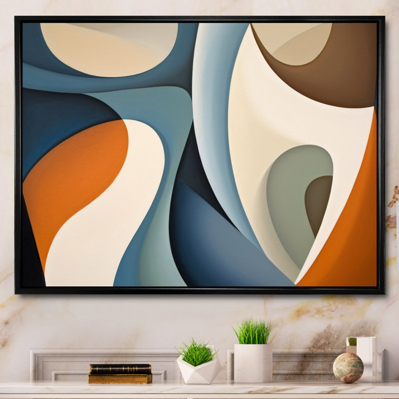 Visions symétriques bleues et orange - formes abstraites, art mural, Cadre flottant noir, H 30 po x l 40 po x P 1,5 po