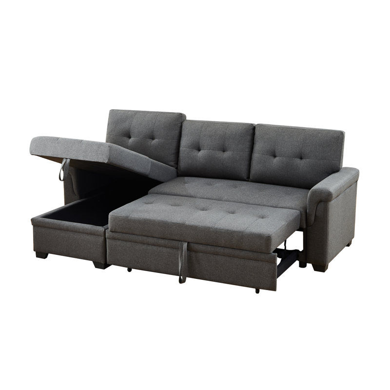 Efim Sleeper Sectional Sofa with Reversible Storage Chaise Linen 84 Inches, Dark Gray Linen Blend