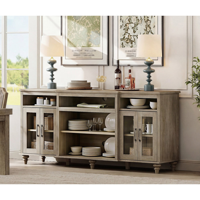 Buffet avec 4 portes en verre, grandes tables basses et armoires de cuisine en bois avec 9 rangements, crédence de style campagne moderne, gris délavé, 70 pouces