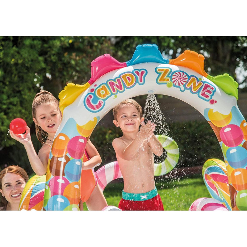 Candy Zone Inflatable Kiddie Pool: Inflatable Kids Pool With Water Sprayer And Slide – Splash Pad