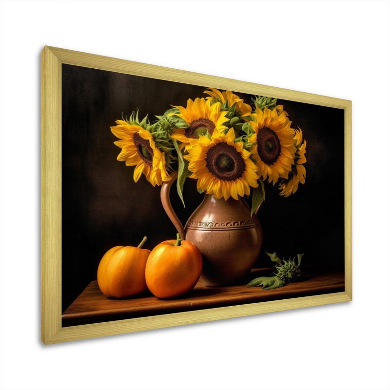 Tournesol doré nature morte II, Encadrement doré, H 16 po x l 32 po x P 1 po