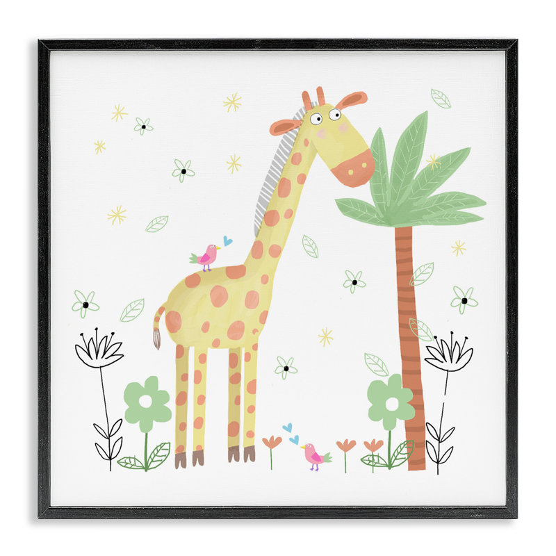 Illustration florale de girafe encadrée par Carla Daly, H 12 po x l 12 po, Giclée encadrée noir minuit