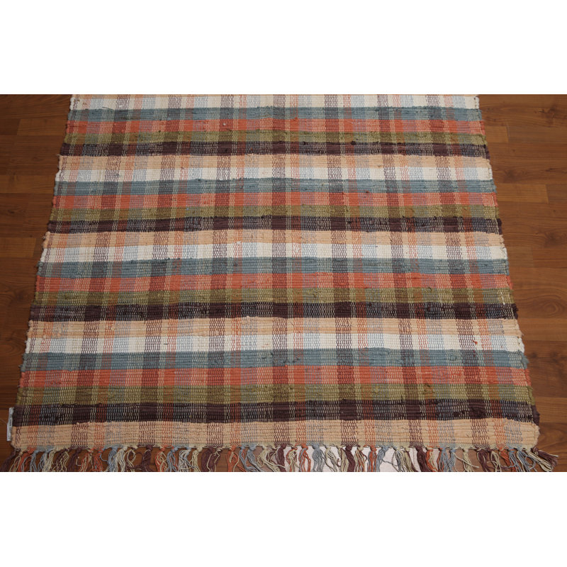 Tapis de la zone en laine beige/vert/bleu/brun 4 pi x 6 po one-of-kind à la main noué la Kandlakunta