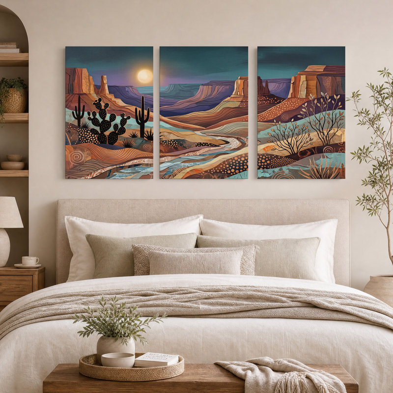 Ensemble de 3 toiles murales représentant un canyon désertique stylisé avec des cactus, 18"H x 12"W x 3pcs