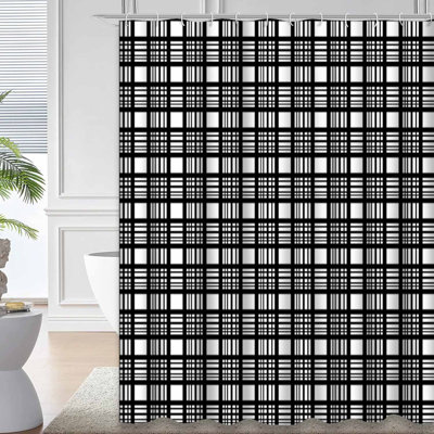 Rideau de douche sans couture à motif abstrait noir et blanc avec 12 crochets