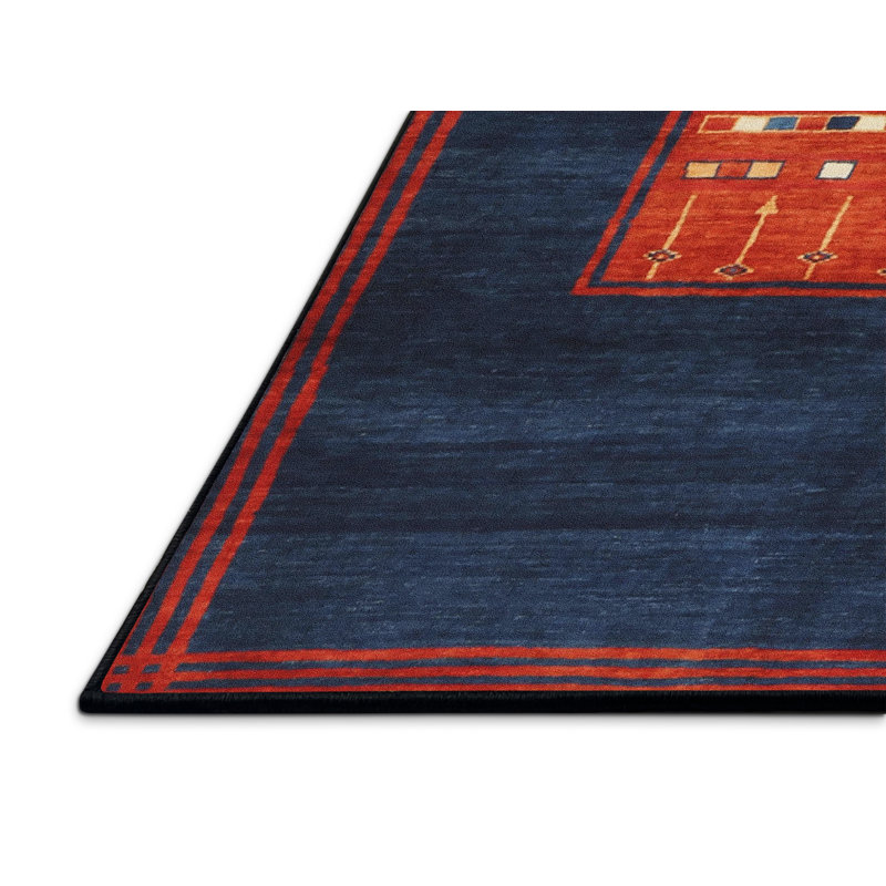 Tapis de zone bleu/rouge contemporaine, Rectangle 2 pi x 4 pi