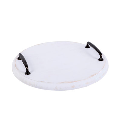Round Distressed White Wood Lazy Susan Turntable Organizer Serving Tray With Metal Handles