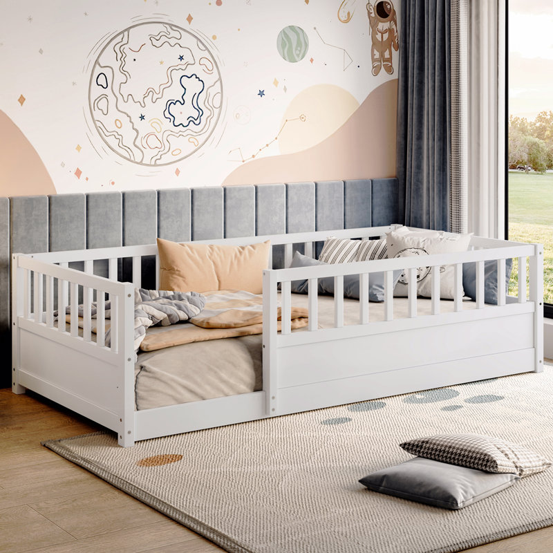 Twin Size Floor Bed, Integral Construction With High Security Barrier, Door, Children's Floor Bed Frame, Montessori Wooden Children's Floor Bed