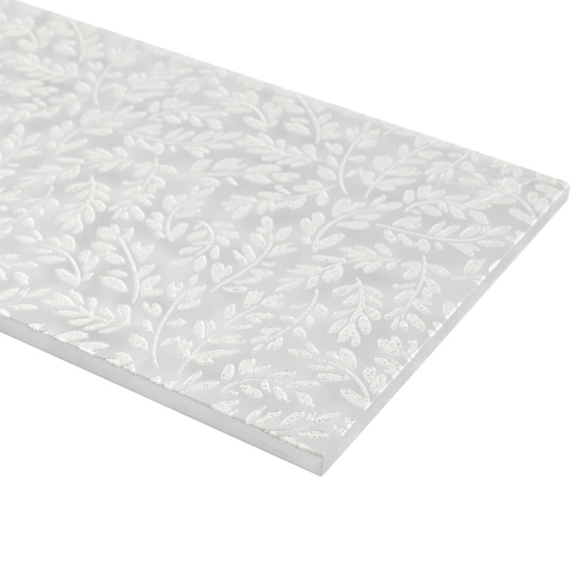 Sonya Flowers 6x16 Frosted Glass Tile, Pearl White