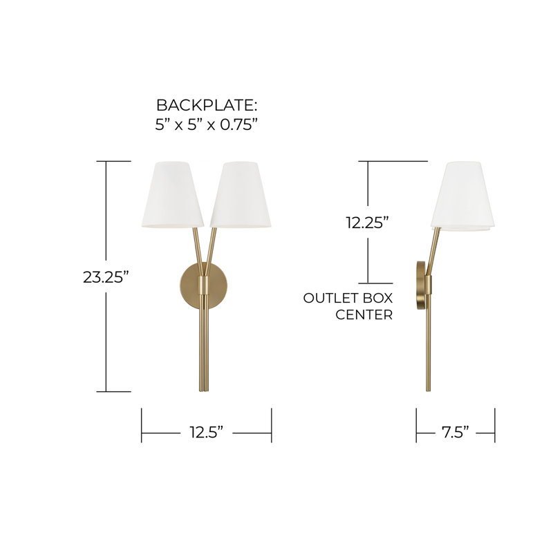 12.5" W x 23.25" H 2-Light Wallchiere Double Sconce in Aged Brass with Matte White Metal Shade, 12.5"W x 23.25"H x 7.5"E