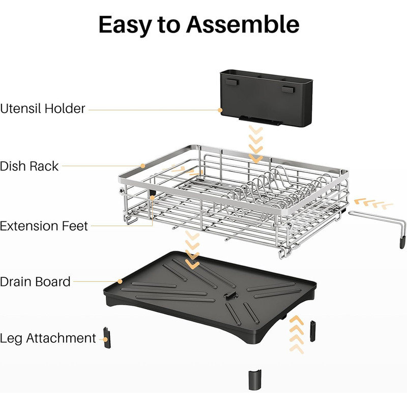 Large Silver Extendable Metal Dish Drying Rack with Utensil Holder