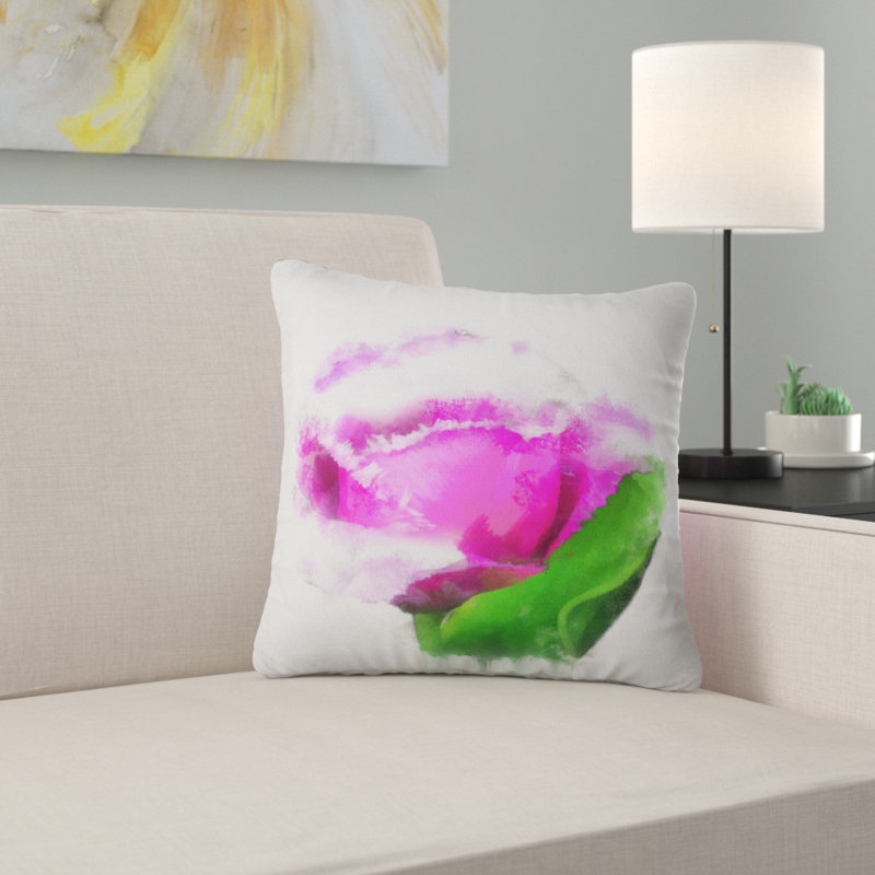 Rose rose avec aquarelle et feuilles - coussin à imprimé floral, 16 po x 1 po, Coussin décoratif