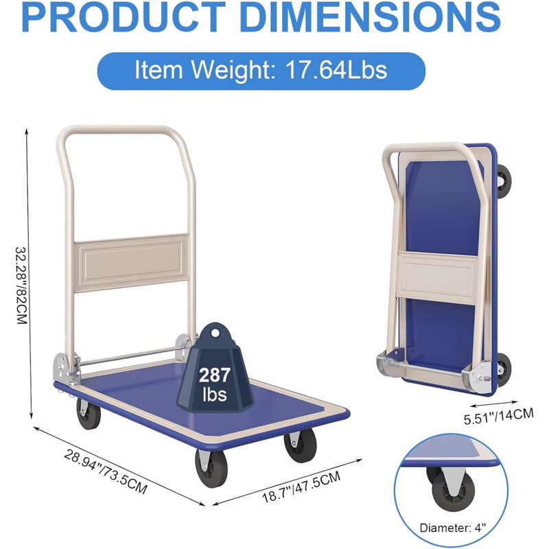 Heavy Duty Foldable Push Cart Dolly with 360 Degree Swivel Wheels 286lbs Load Capacity for Loading and Storage (Blue)