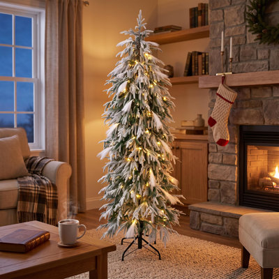 Arbre de Noël à tremble 6 pi - 355 pointes PE, 200 DEL blanc chaud, conception de crayon peu encombrante avec support en métal pour les appartements ou les entrées