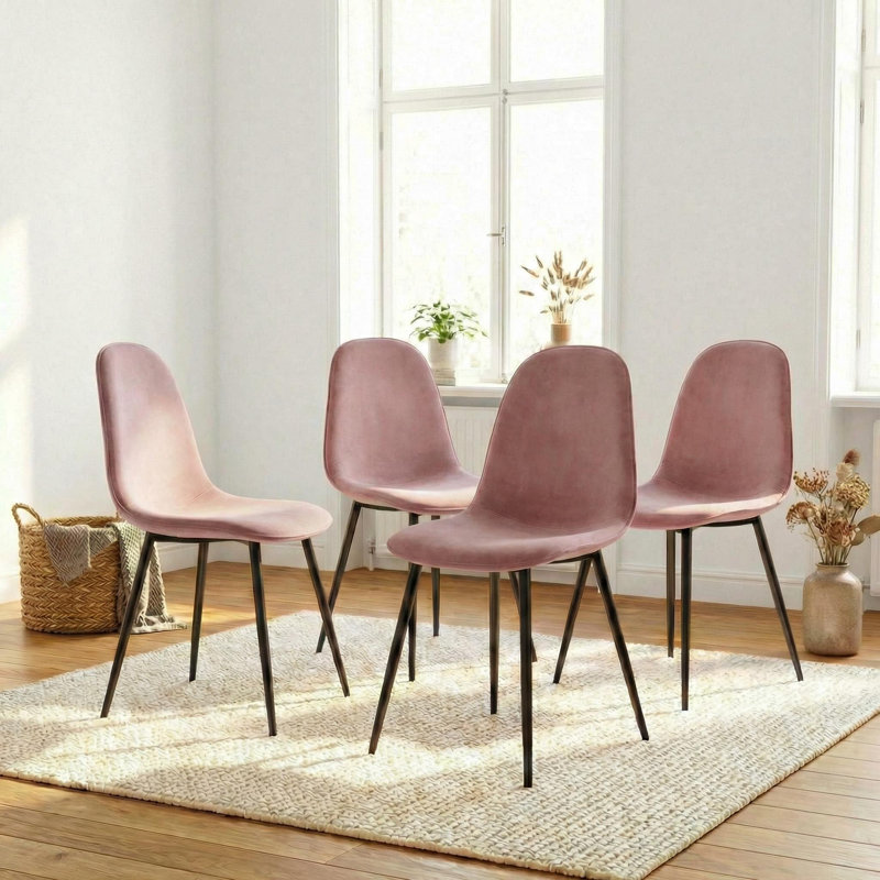 Set Of 4 Velvet Upholstered Dining Chairs With Black Metal Legs, Pink