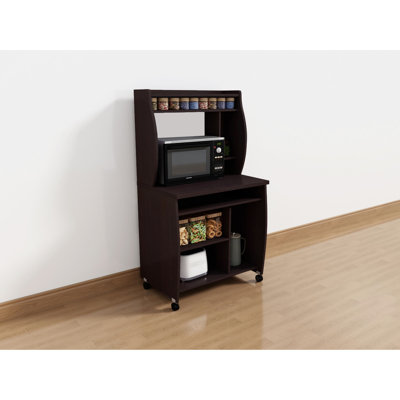 Computer Cart With Open Back Shelf For Microwave And Monitor Setup, Four Shelves Including Spice Rack, Mobile On Locking Castors, Shaded Look, Gliding Utensil Tray Metal Glides, Particle Board