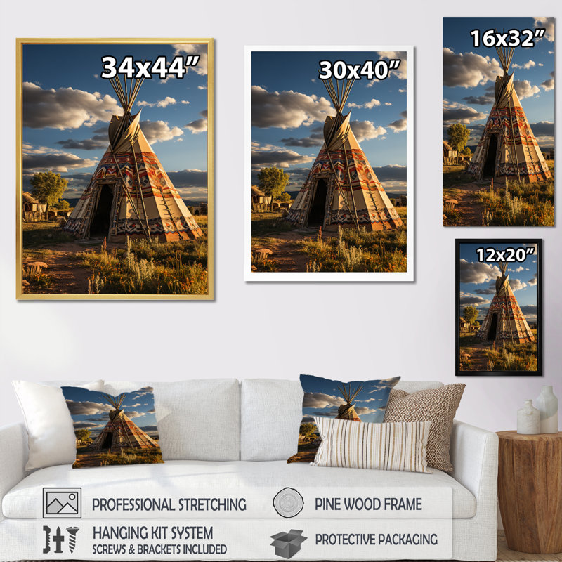 «Native Tipi Serenitys Refuge», reproduction sur toile, Cadre flottant blanc, H 32 po x l 16 po x P 1 po