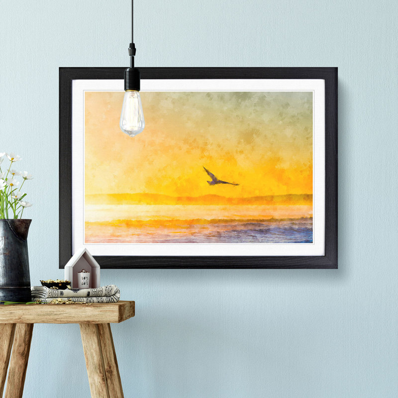 Seagull Flying over the Beach - Framed Print, Black Framed, 62cm H x 87cm W x 2cm D