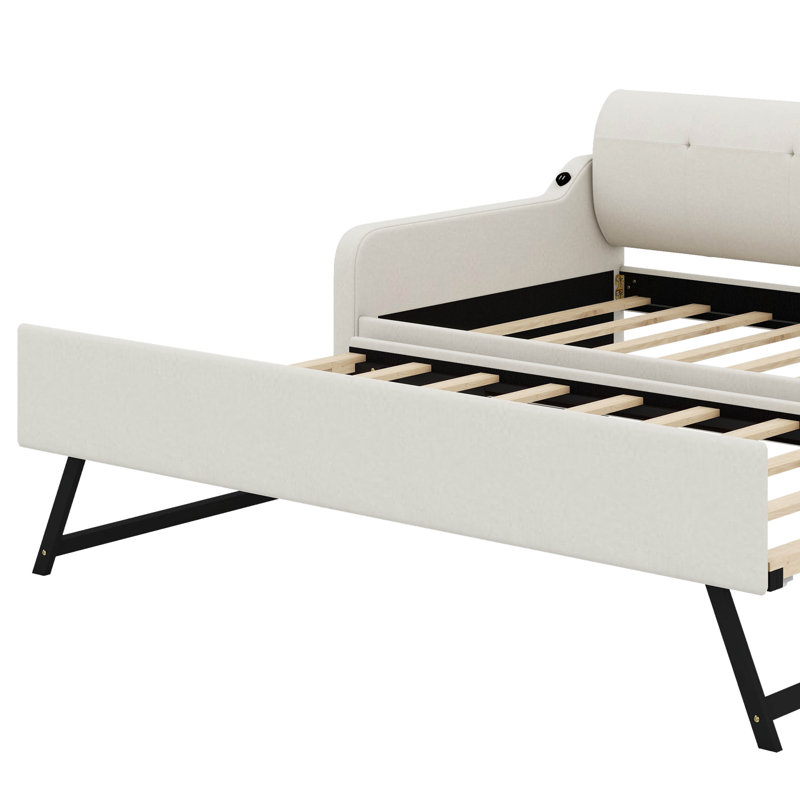Lit de jour simple tapissier avec couchette et USB, Beige