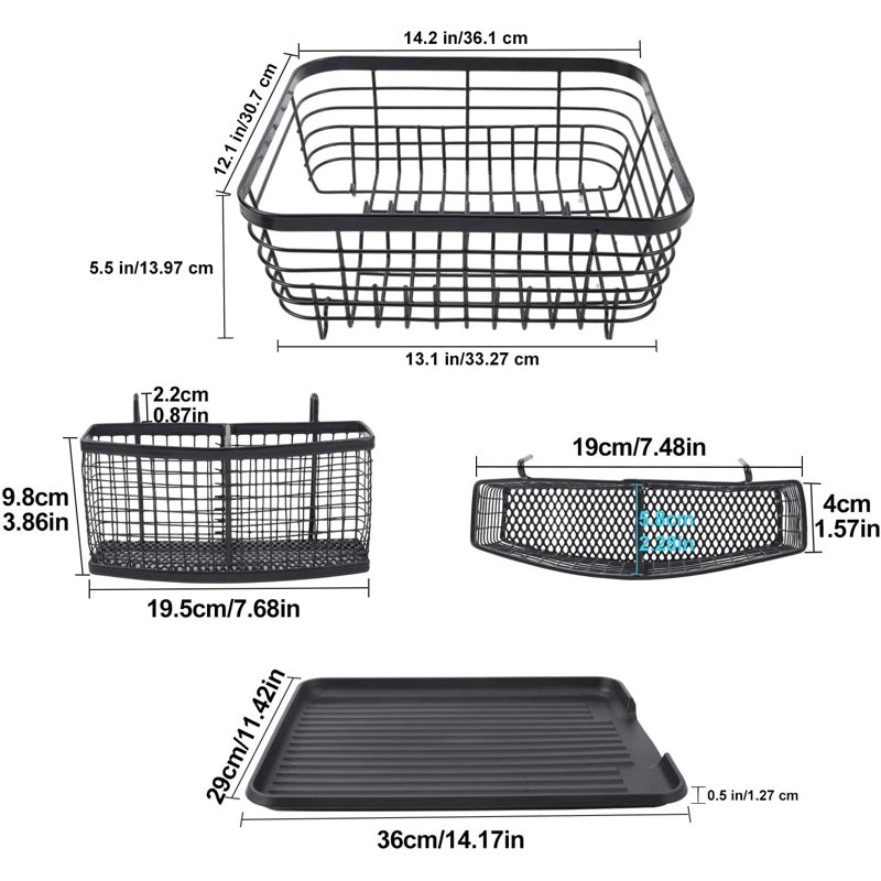 Kitchen Dish Drainer Rack with Drying Board and Full-Mesh Silverware Utensils Holder, Black