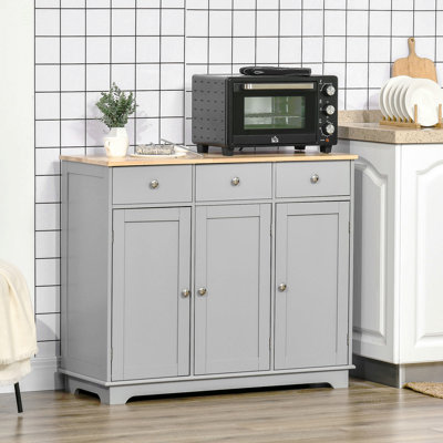 Buffet avec tiroirs, armoire de bar avec plateau en bois d'hévéa et tablettes réglables pour le salon et la cuisine