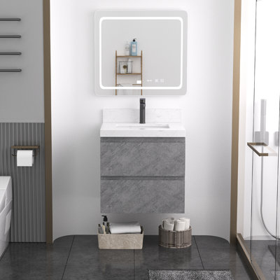 Meuble-lavabo suspendu de 76 cm avec comptoir en pierre reconstituée et lavabo encastré en céramique