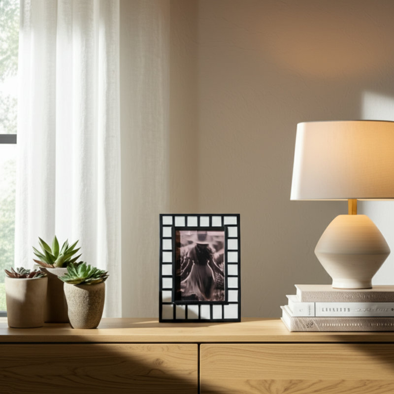 Wood Resin Picture Frame with Geometric Inlay and Back Stand, 5" x 7"
