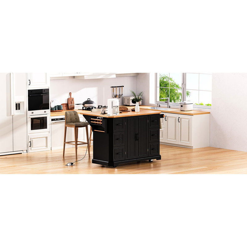 Black Kitchen Island With 47" Wide Top & 4 Internal Storage Rolling Vertical Stripe 6 Deep Drawers,, Black
